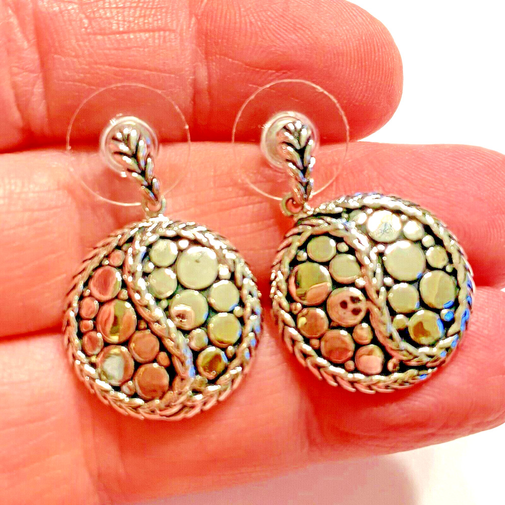 Silver pierced earring fashion drop & dangle style rounds rope textured finish